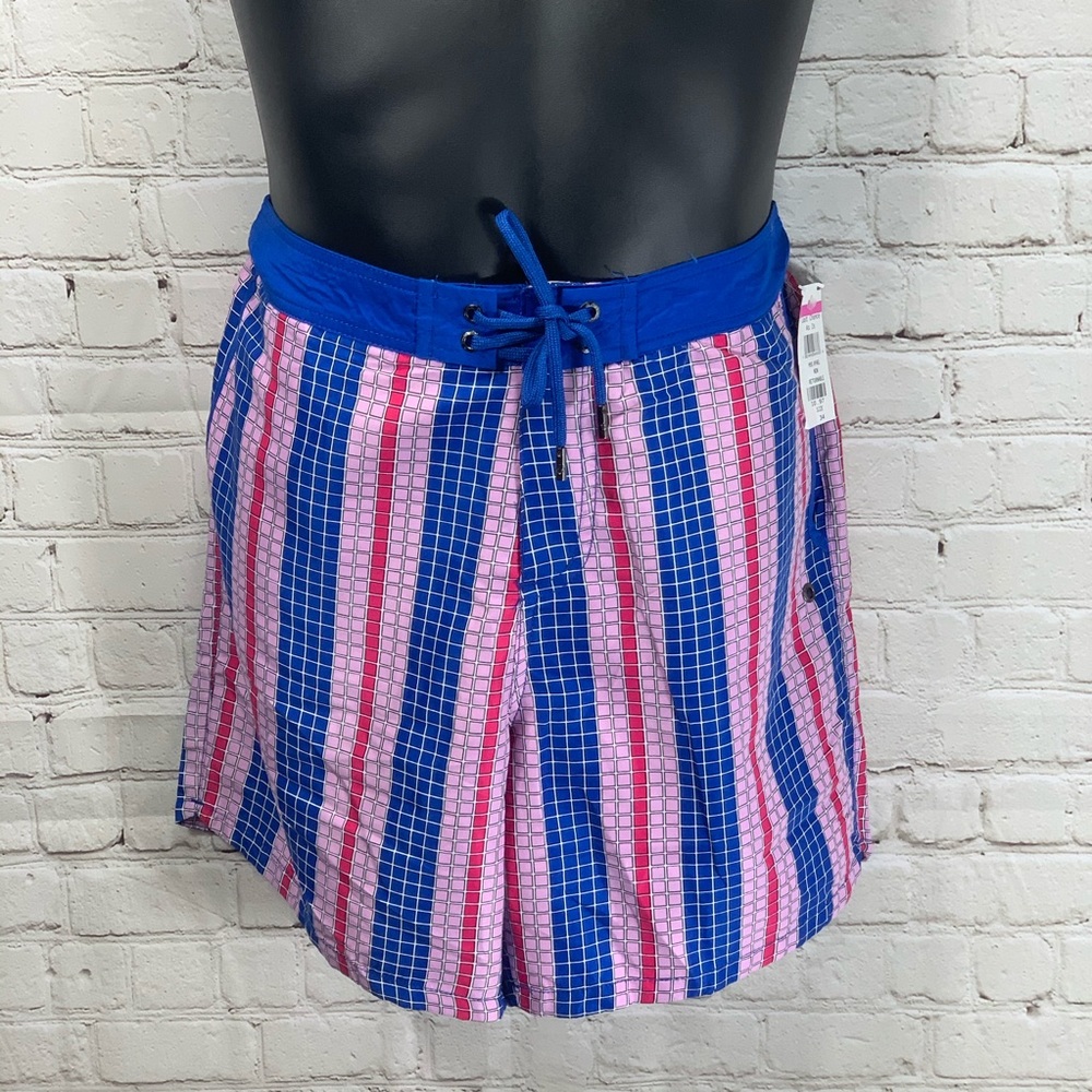 NWOT MR. Swim Blue & Pink square pattern trunks
